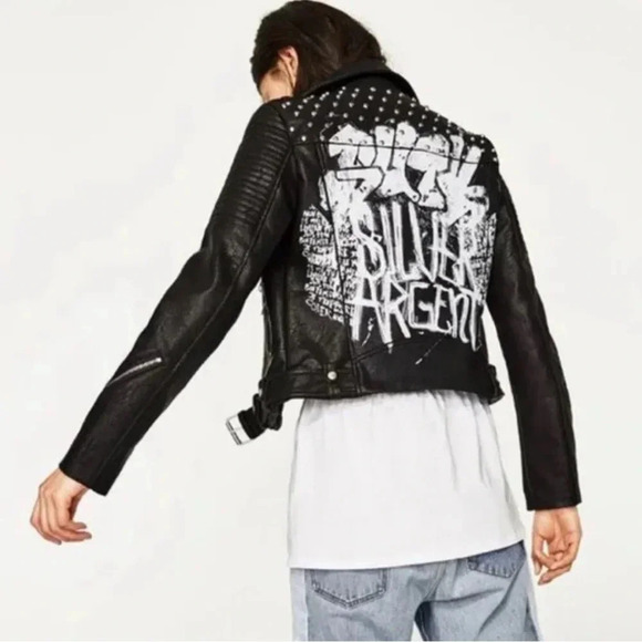 Zara Jackets & Blazers - Zara graffiti leather studded biker jacket size XS